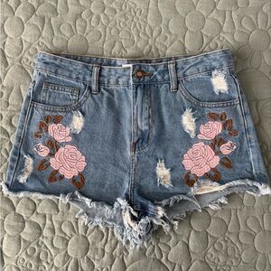 Floral-Embroidered Jean Mini Shorts